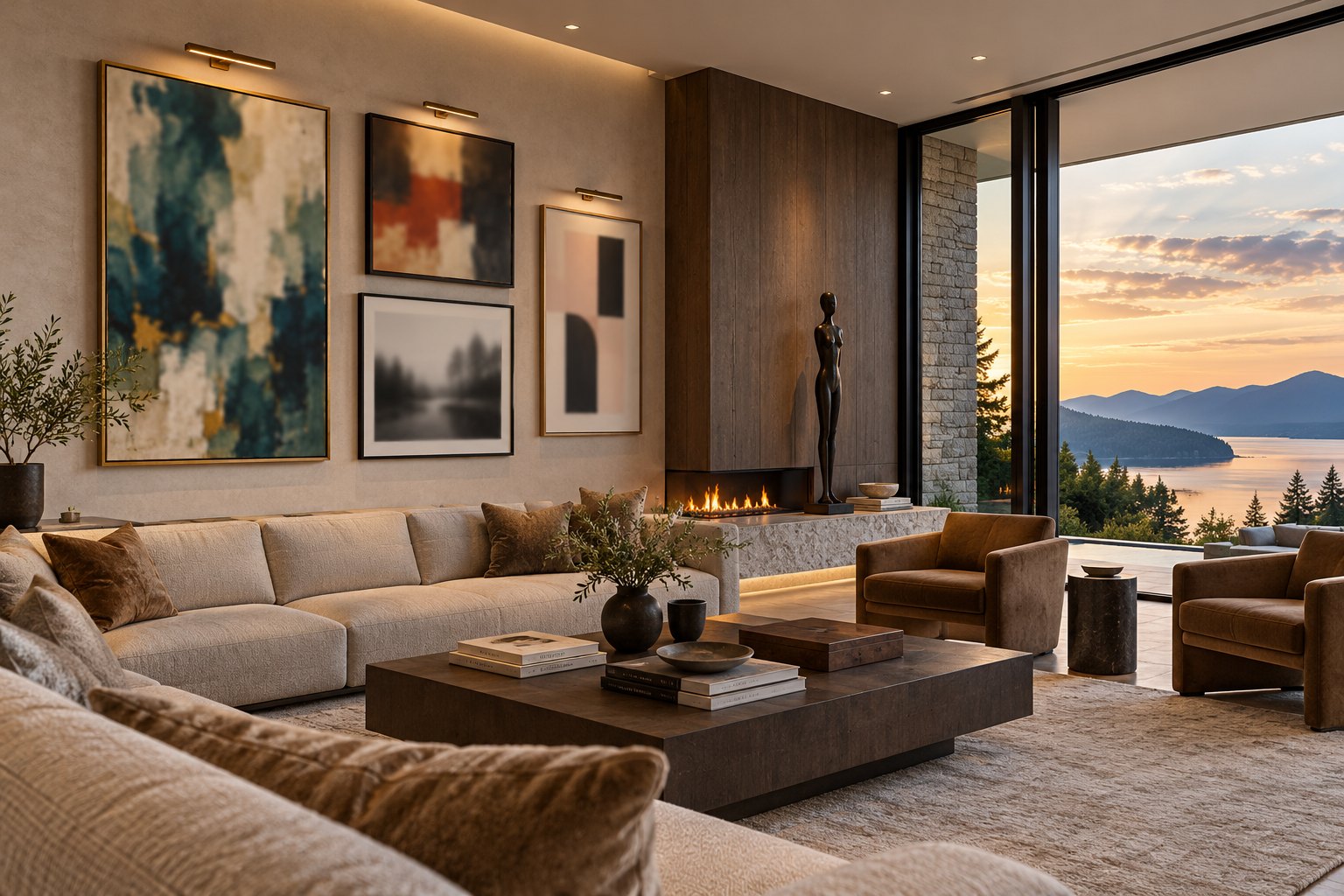 Living room with a curated art collection and a fireplace, opening to a sunset view