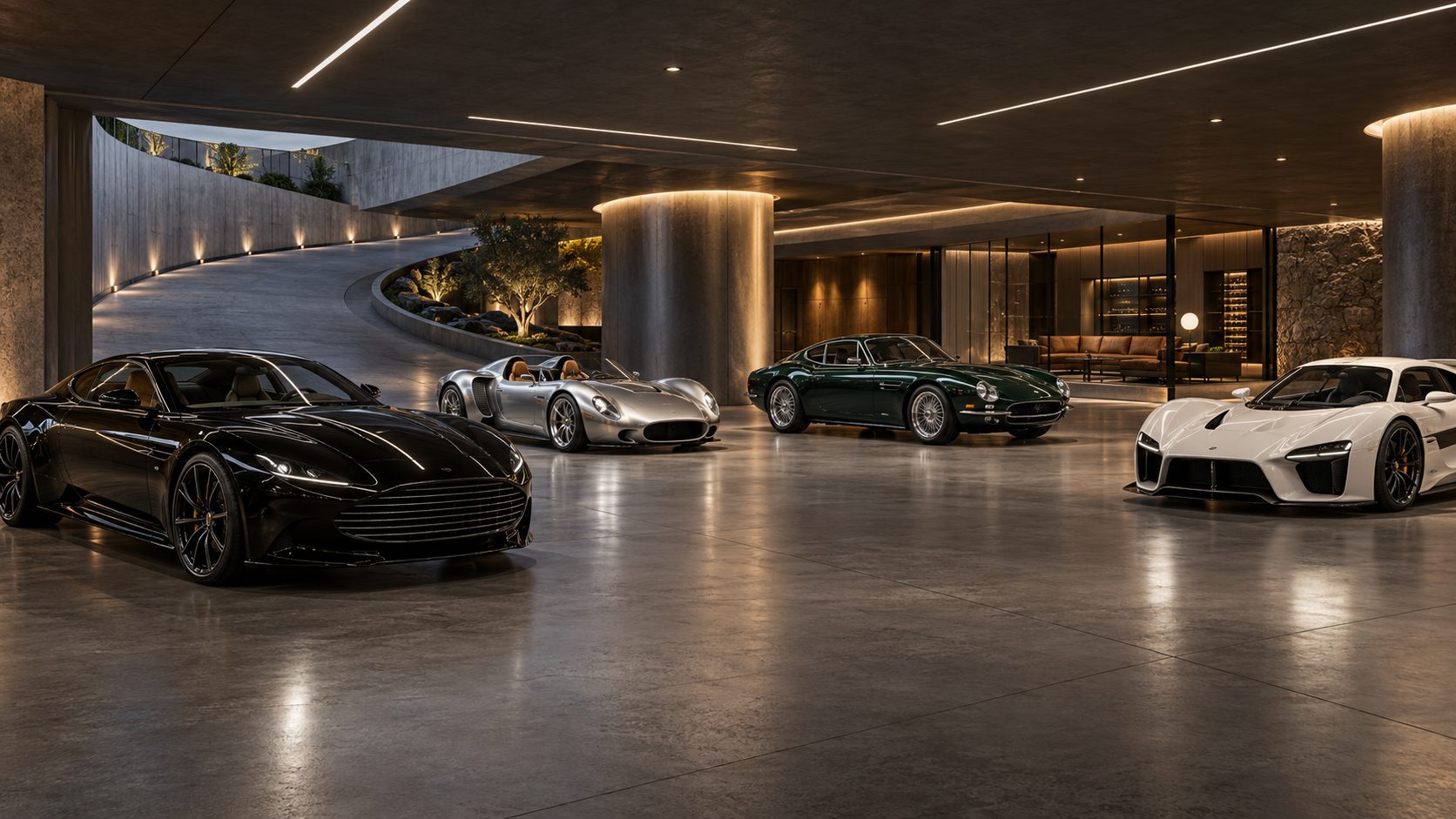 Lower-level gallery garage with a private car collection