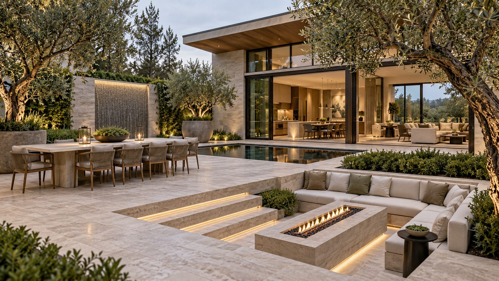 Limestone courtyard with sunken fire lounge and olive trees