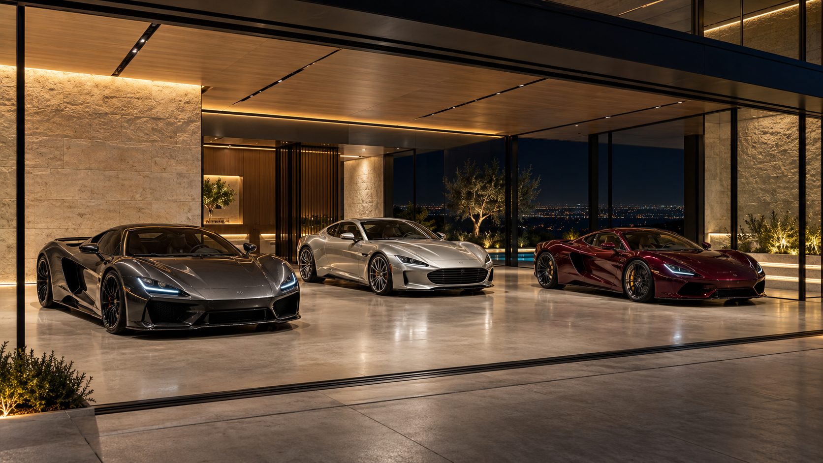 Glass-walled garage with city lights beyond