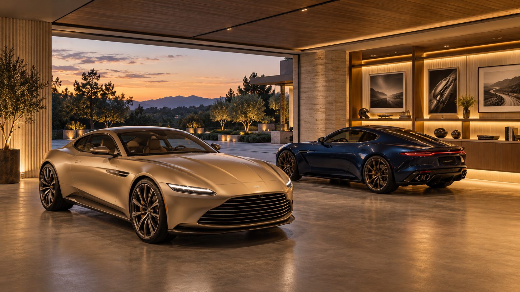 Showroom garage opening onto a sunset terrace