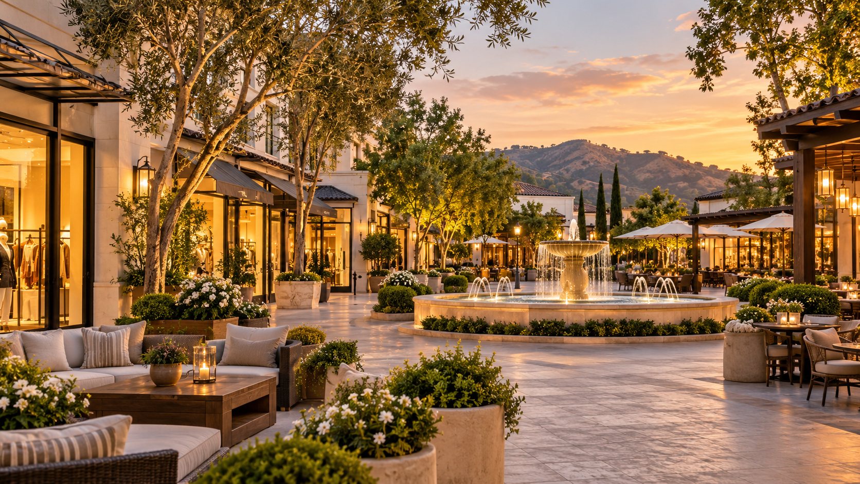 Open-air shopping and dining plaza with a fountain at sunset
