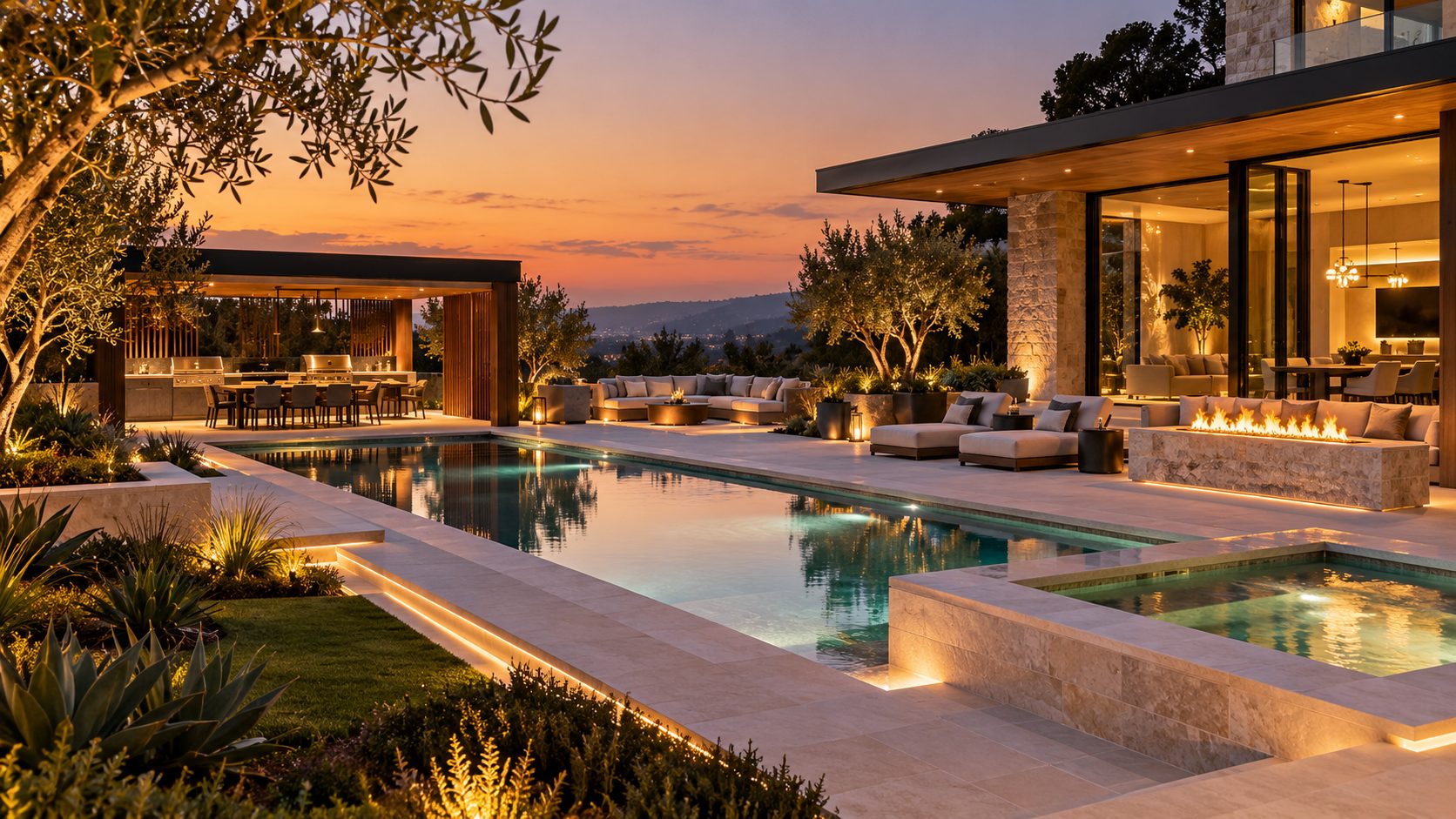 Pool terrace with fire feature and outdoor kitchen at dusk