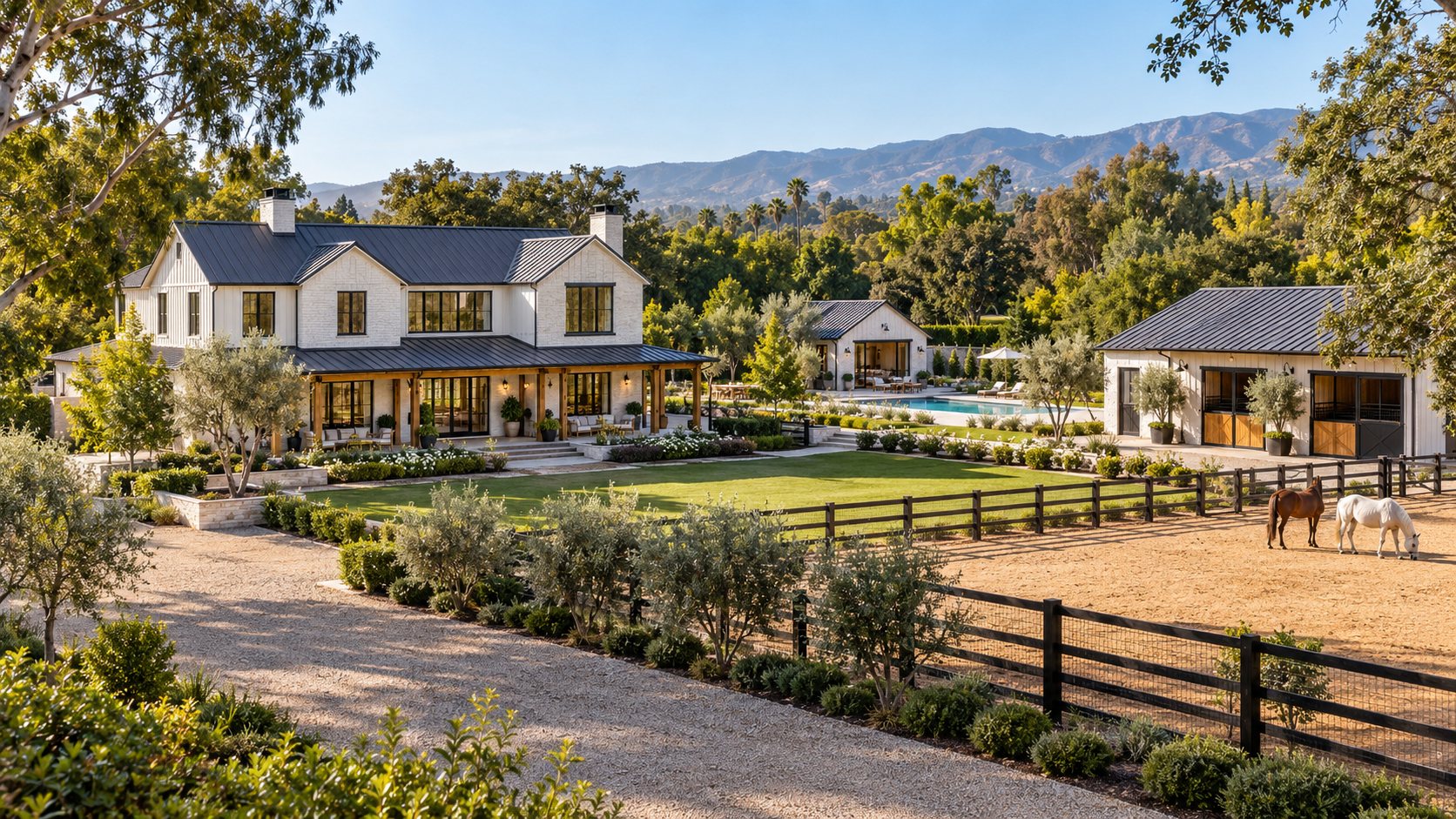 Farmhouse estate with a barn, paddock, and horses