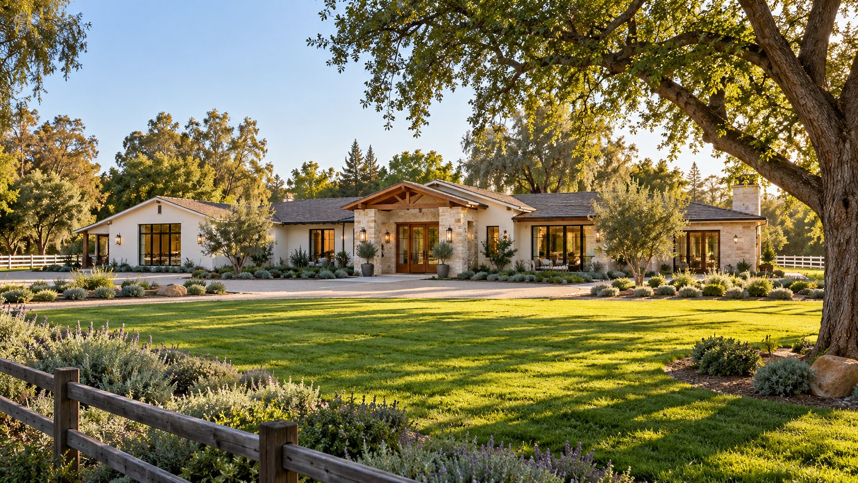 Single-story ranch estate on a wide lawn under mature oaks