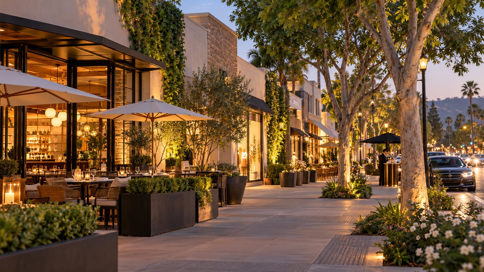 Restaurant terraces along a tree-lined boulevard at dusk
