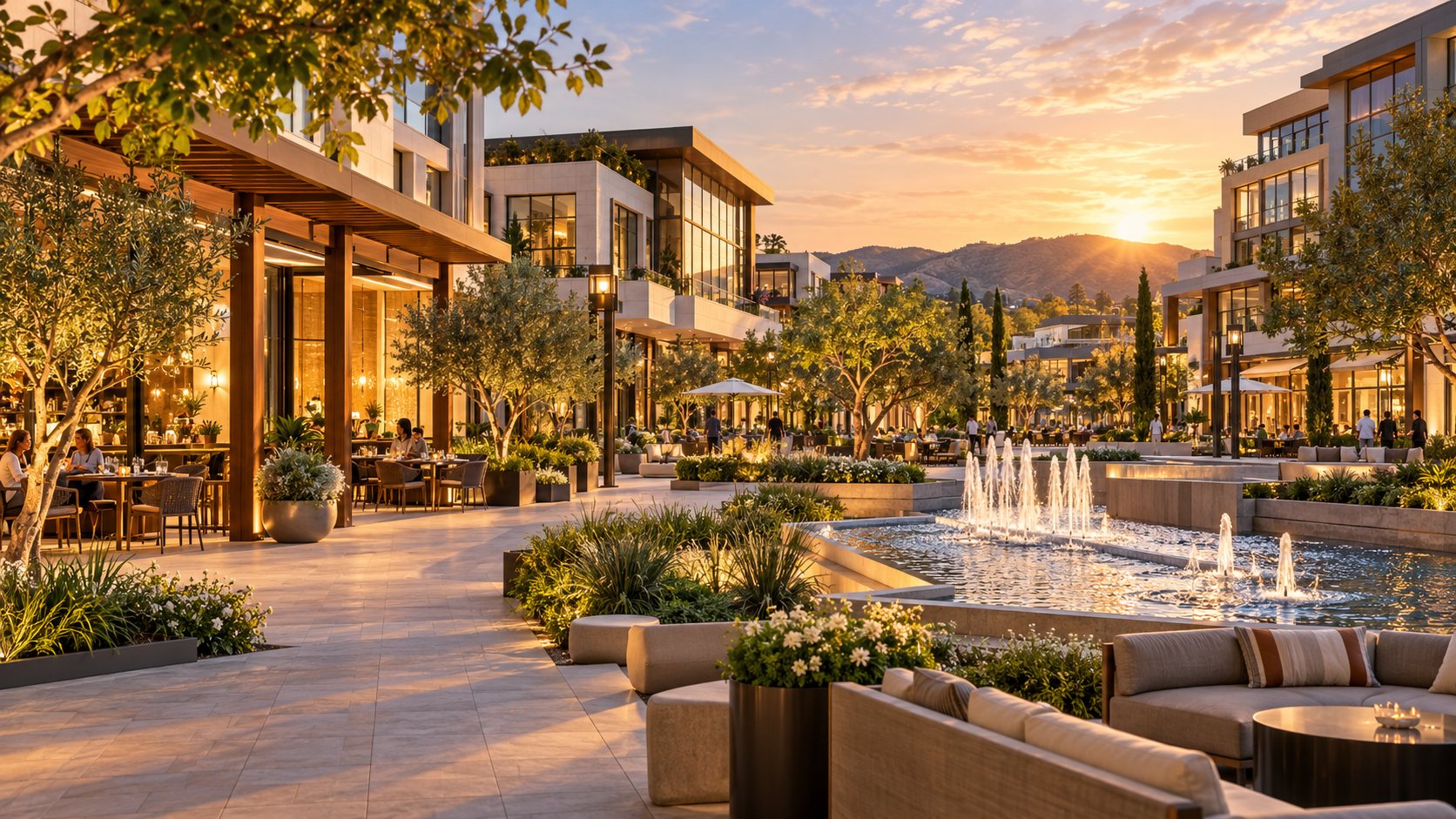 Open-air shopping plaza with fountains at sunset