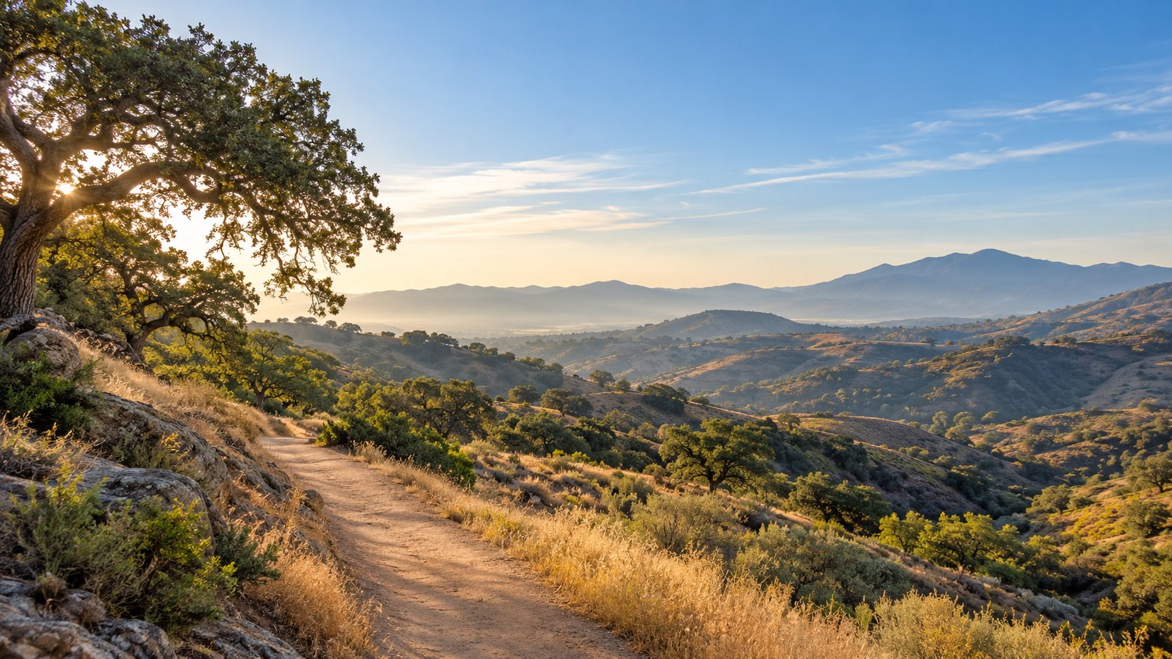 Oak-dotted ridge trail overlooking the hills