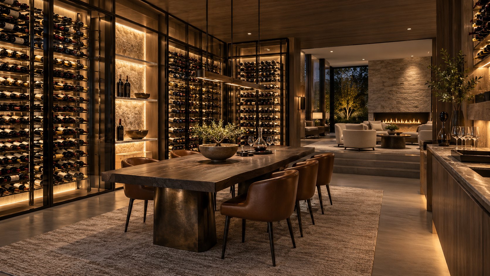 Glass-walled wine cellar with a tasting table